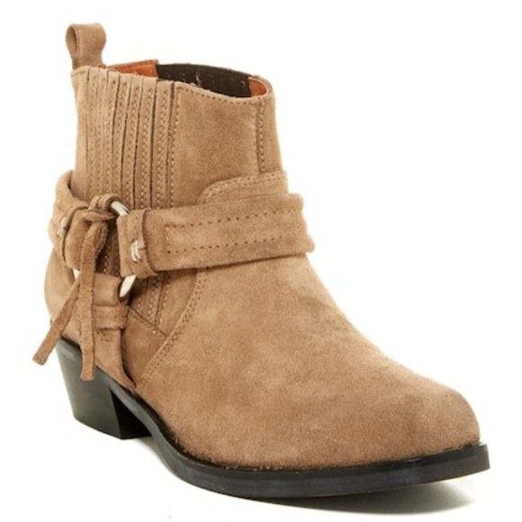 New DIESEL Taupe Suede Square Toe Harness Western Ankle Boots Size 5 - Picture 1 of 8